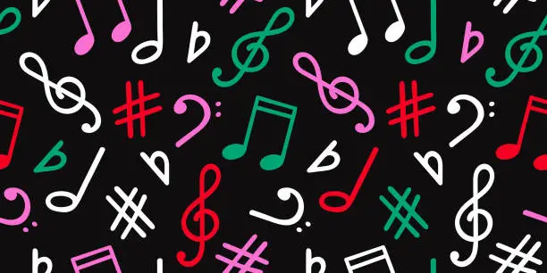 Vector illustration of Music signs seamless pattern, accidental, note symbols background. Hand drawn doodle style vector graphics