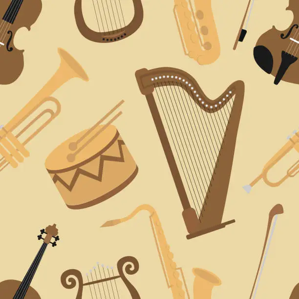 Vector illustration of Seamless pattern with classic musical instruments. Background with harp, lyre, drum, saxophone