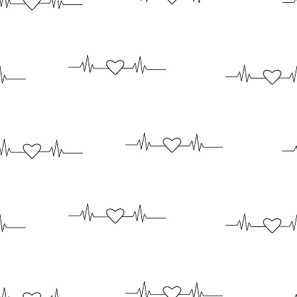 Seamless pattern of a cardiogram with a cartoon heart. Vector illustration of background with a pulsating heart.