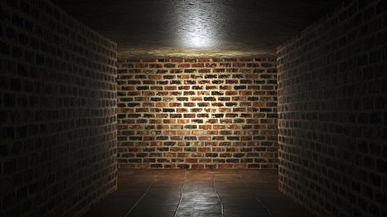 3d rendering of a brick tunnel with a light at the end. The tunnel is dark and has a tiled floor.