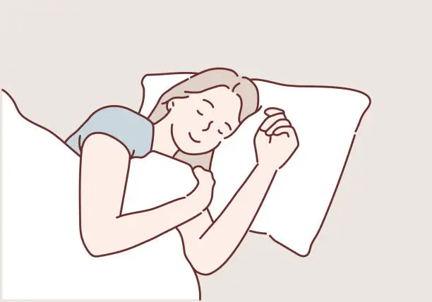 Vector illustration of Young woman sleeping on the bed Portrait of beautiful woman lying on comfortable bed holding pillow with white bedding in bright bedroom.