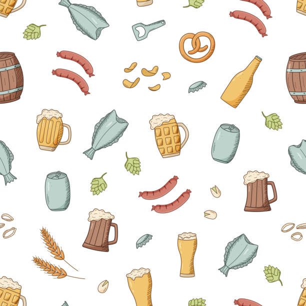 seamless pattern beer 낙서 아이콘입니다. 펍 요소 맥주와 스낵의 벡터 그림입니다. 배경 벽지 옥토버 페스트 또는 바. - pistachio beer nuts nut backgrounds stock illustrations