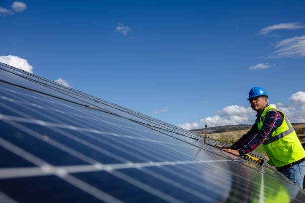 istock Male engineer working with a laptop on a field with solar panels 1826463043