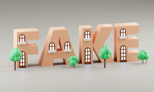 Houses in the shape of letter saying Fake 3d rendered illustration