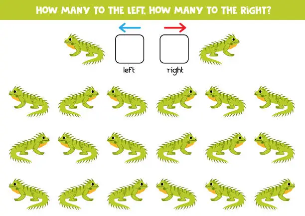 Vector illustration of Left or right with cute cartoon green iguana. Logical worksheet for preschoolers.