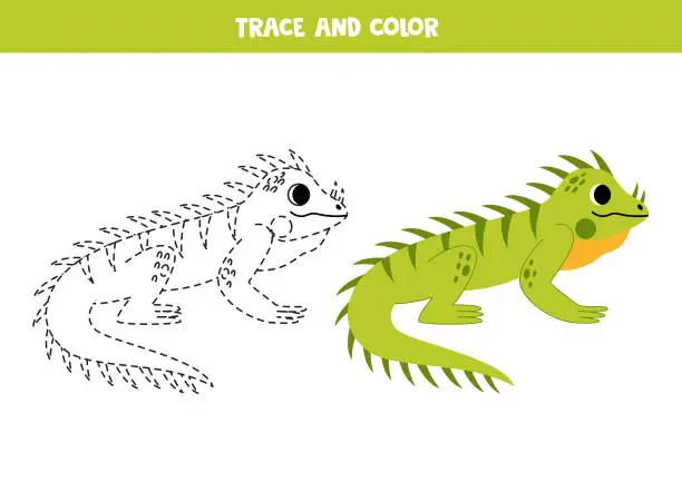 Vector illustration of Trace and color cartoon green iguana. Worksheet for children.