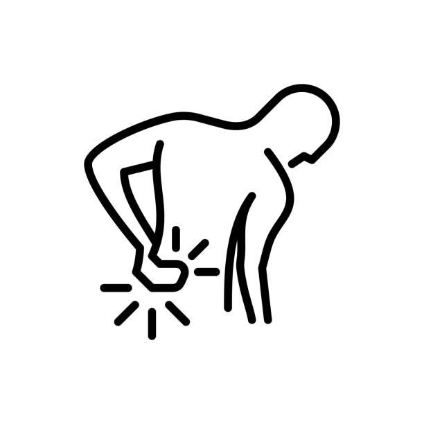 ilustraciones, imágenes clip art, dibujos animados e iconos de stock de icono de línea delgada de dolor de espalda. hombre tocándose la espalda. osteoporosis, síntoma de artritis. ilustración vectorial. - dolor de espalda