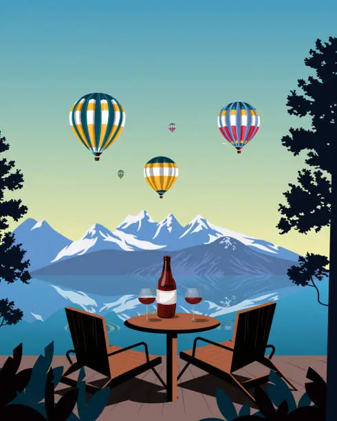 Vector illustration of Fabulous background, fabulous view, forest, cafe, fairy tale, vertical banner, poster