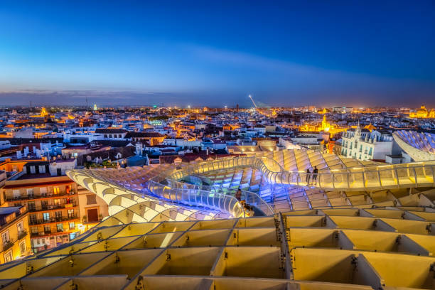October 20, 2021 - Sevilla, Spain: Seville skyline in the Old Quarter at dusk from the Setas of Sevilla (metropol building)
