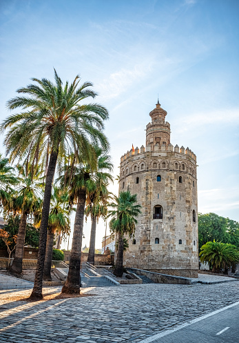 empty street at Golden tower (Torre del Oro) in Seville early in the morning, Spain