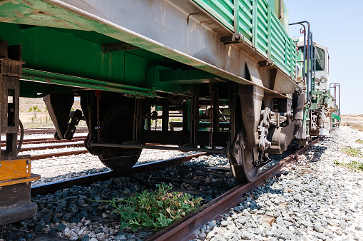 view of train wheels and train track rails