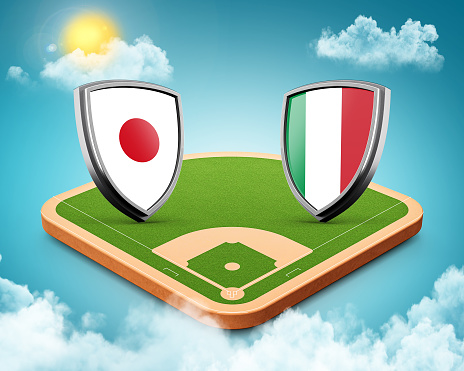 3d Japan Versus Italy Shield Icons On Baseball Stadium With Green Grass Field, 3d illustration