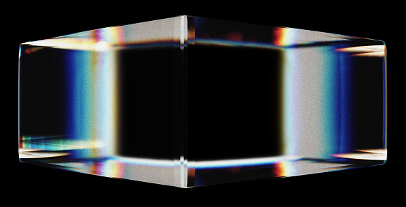 3d transparent glossy cube with dispersion effect. Rainbow colors reflection glass. 3d glass cube box with crystal dispersion effect. Abstract empty glassy square with prism holographic
