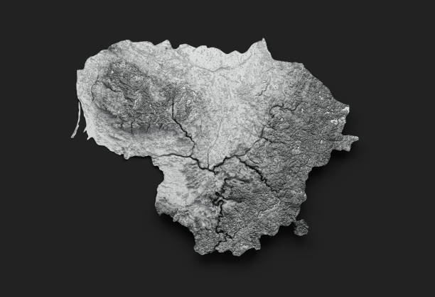 Lithuania Map white Shaded relief Color Height map on Black Background 3d illustration\nSource Map Data: tangrams.github.io/heightmapper/,\nSoftware Cinema 4d