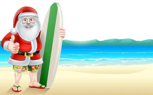 Vector illustration of Surfer Cartoon Santa Christmas Character on Beach