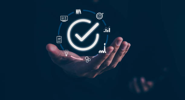 istock Quality control certificate concept, ISO guarantee quality assurance standard, business product compliance system assured value, Businessman holding glowing correct sign mark with quality icon. 1826546047