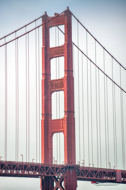 il golden gate bridge in una giornata nebbiosa, san francisco - golden gate bridge close up steel cable suspension bridge foto e immagini stock