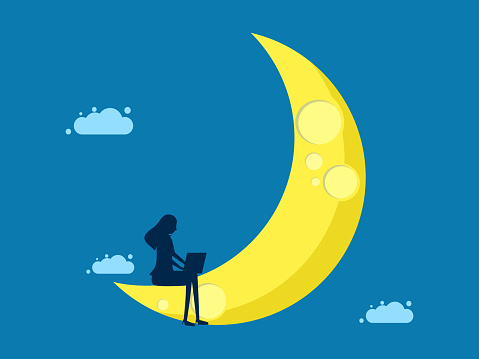 Imagination, dream job. Businesswoman working with laptop concentrating on the moon. Vector