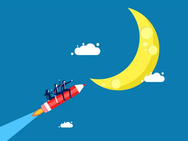 Vector illustration of Teamwork, chasing dreams. team of businessmen flies on a pencil rocket to the moon