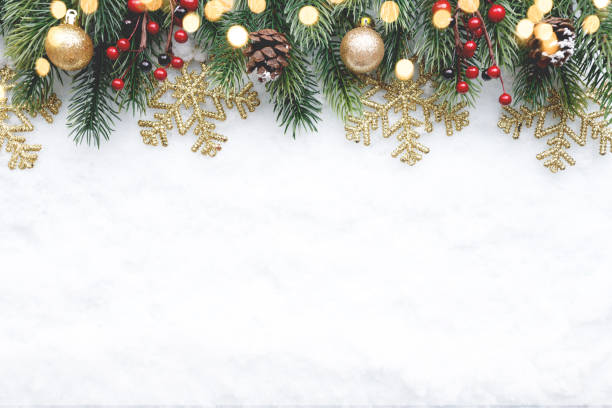 istock Christmas fir tree with decoration on snow background, flat lay 1826579305