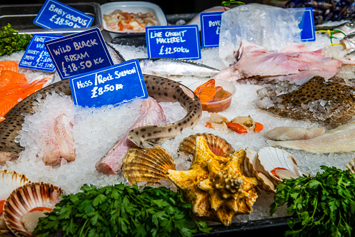 Seafood, Shrimp, Prawns and Crab for Sale on Ice in Fishmongers