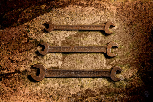 A set of rusty old spanners and wrenches