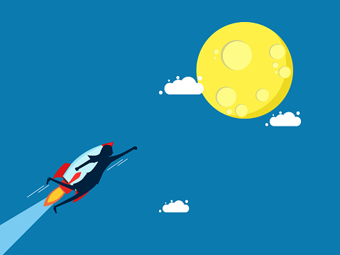 Intention, business success. Businesswoman flies on a rocket to the moon. vector