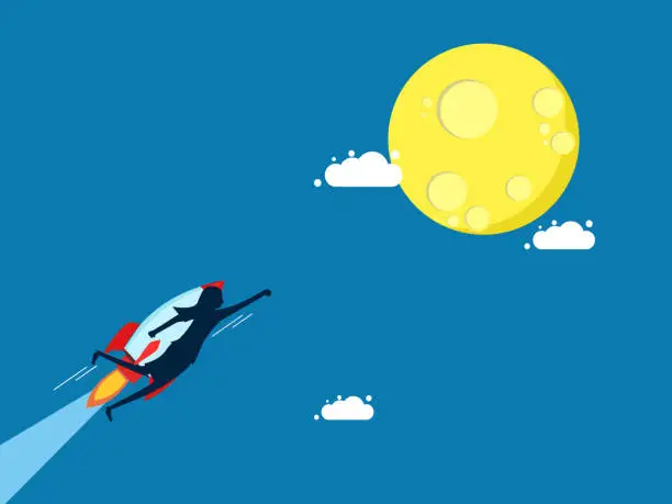 Vector illustration of Intention, business success. Businesswoman flies on a rocket to the moon