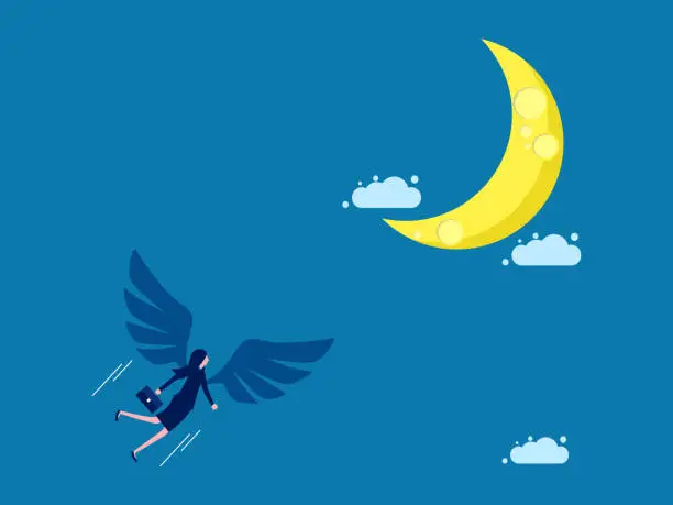 Vector illustration of Intention, business success. woman with angel wings flies to the moon