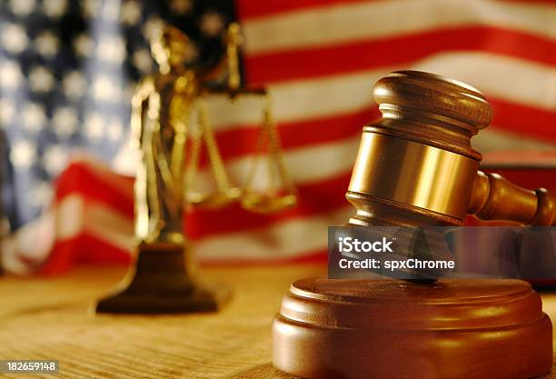 American Justice Stock Photo - Download Image Now - Equal-Arm Balance, Statue, American Flag