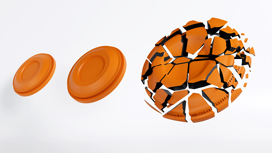 3D rendering of shattered  clay shooting target on a color background