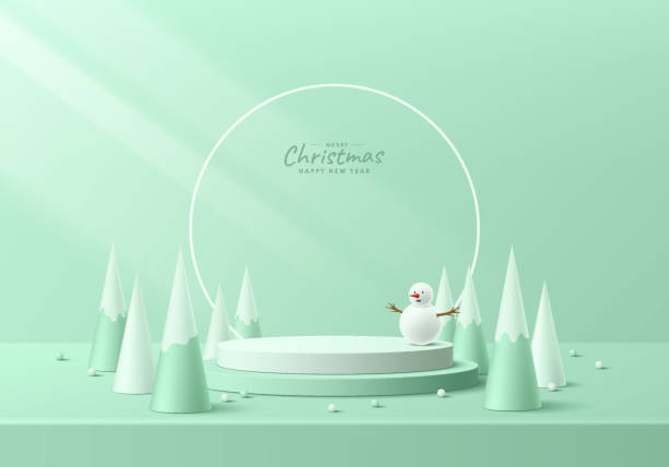 istock 3D christmas podium background. Green cylinder podium with beads, snowman and modern christmas tree scene. Platform mockup product display presentation. Abstract composition minimal. Stage showcase. 1826593798