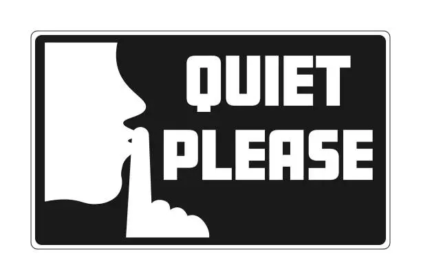 Vector illustration of Quiet please, notice with gesture of finger on lips and text on side.