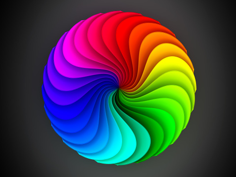Abstract 3D spiral rainbow background on black