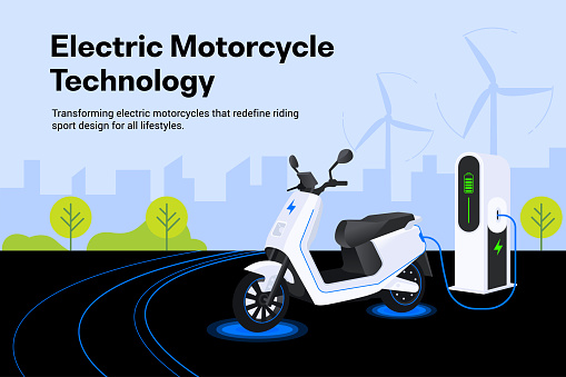 Electric Motorcycle Technology with charging station Illustration
