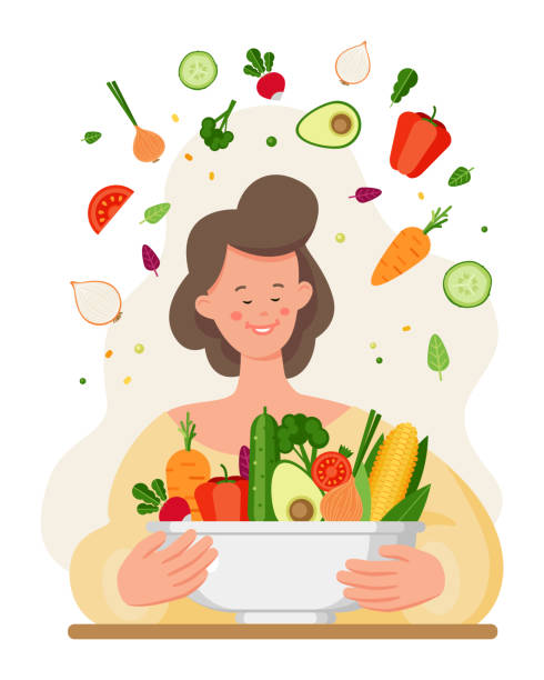 istock Happy woman with healthy food vector illustration 1826597717