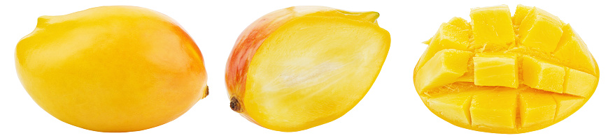 Sliced ripe yellow mango. Set. Isolated on a white background. File contains clipping path