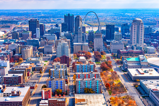 Aerial view of the downtown district of St. Louis, Missouri along the banks of the mighty Mississippi River shot from an altitude of about 500 feet.