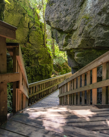 Picturesque wooden boardwalk and stairs on a hike through a canyon. Mono Cliffs Provincial Park, Ontario Canada
