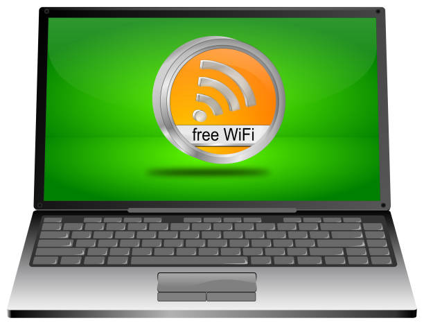 ordinateur portable avec bouton wifi gratuit orange - illustration 3d - web services audio photos et images de collection