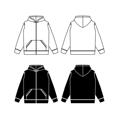 Zip up hoodie sweatshirt flat technical drawing illustration mock-up template for design and tech packs men or unisex fashion CAD streetwear