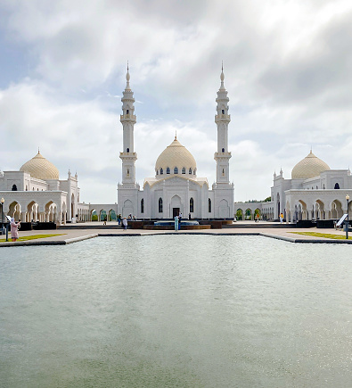 Russia, Bolgar - 5.1.2020: Central Minarets of The White Mosque, modern mosque in Tatarstan, part of Russia. Architectural ensemble also known as Ak-Mechet. Built in 2012. High quality photo