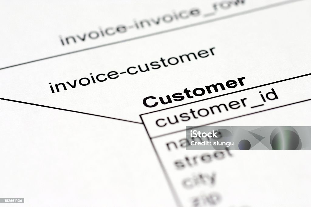 Focus on the customer Detail of a database development sheet with focus on the customer Black And White Stock Photo