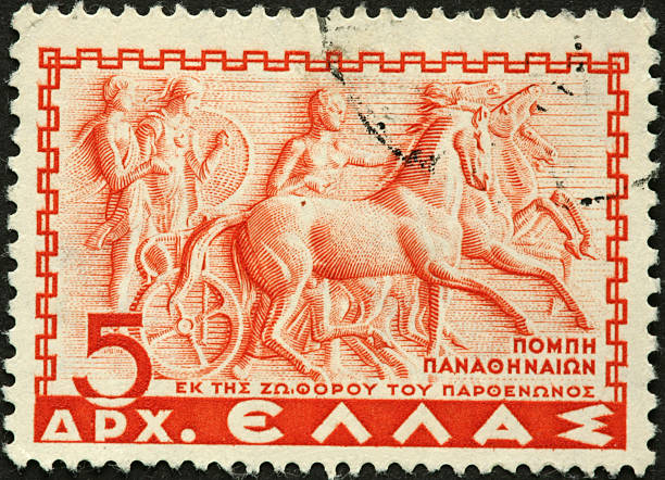 istock four horse chariot on old Greek stamp 182661693