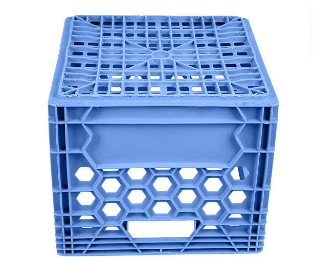 Blue Milk crate to sit on stock photo