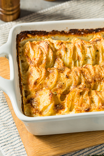 Homemade Hasselback Scalloped Potatoes in a Casserole Dish