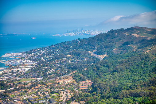 Outskirts and countryside of Sausalito and San Francisco on a sunny day, aerial view