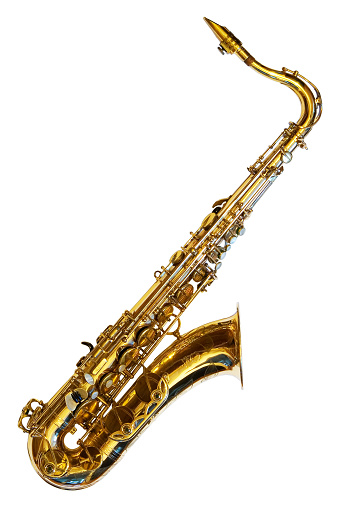 Right side view of a tenor saxophone isolated on white background. Path for outline and for the inner holes is included.