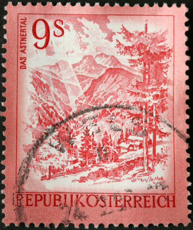 Austrian mountain scene on old stamp