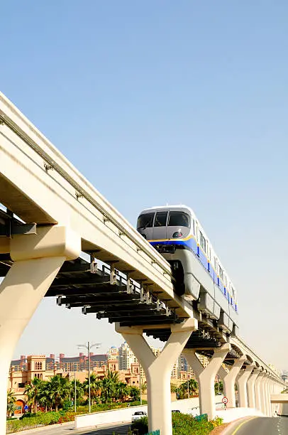 "The 5.4 km (3.35 mile) Palm Jumeirah Monorail connects the Atlantis Hotel to the Gateway Towers at foot of the Palm Jumeirah island in Dubai, UAE."